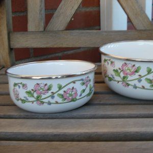 Set Of Two Kobe Vintage Enamel Coated Kitchen Bowls Floral Design